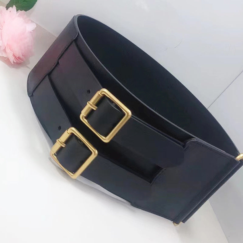 Double Pin Buckle Cowhide Girdle   Leather Belt